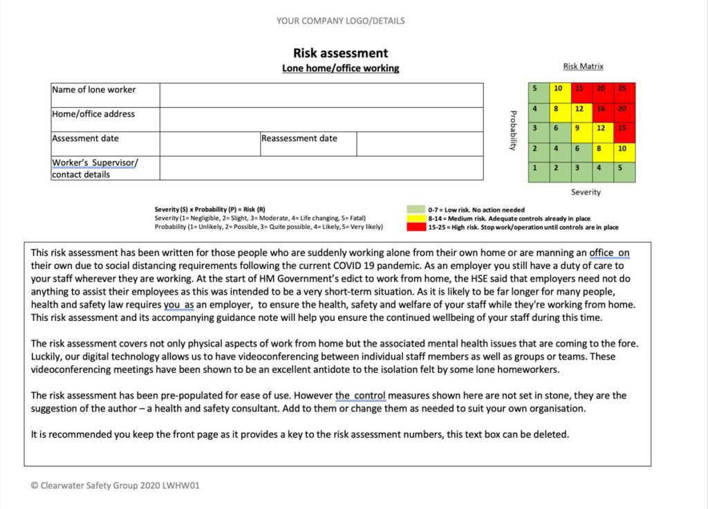 Risk Assessment - Lone home/office working - Clearwater Safety